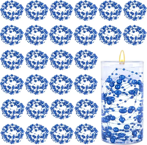 Vista 10 de DomeStar 36 cuerdas de perlas azules para velas flotantes, cuerdas de cuentas artificiales, perlas de imitación azules, rellenos de jarrón para mesa