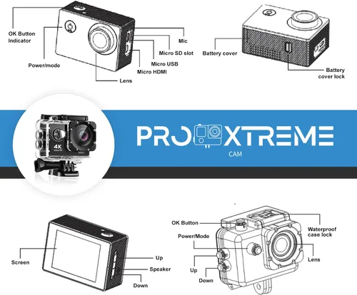 Vista 8 de Cámara de acción Pro Xtreme 4K – Cámara de video impermeable Ultra HD con Wi-Fi, lente gran angular de 170°, estabilización de imagen, múltiples