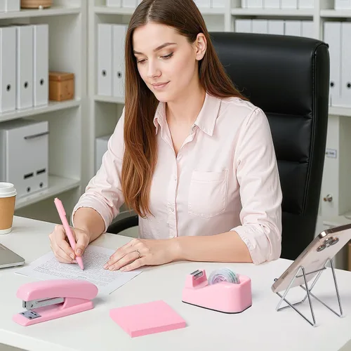 Vista 7 de Accesorios y organizadores de escritorio de oficina rosados, suministros de oficina para escritorio para mujeres, grapadora, 1000 grapas, removedor