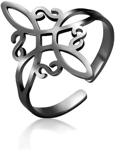 Vista 21 de UNIFT Anillo de nudo de bruja para mujer, de acero inoxidable, estilo geométrico, elegante, elegante, irlandés, nudo celta, ajustable, anillo