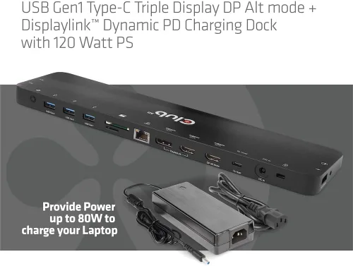 Vista 6 de Club 3D CSV-1566 USB Gen1 Tipo-C Triple Pantalla DP Modo Alt Displaylink Dynamic PD Dock de carga con 120 vatios PS