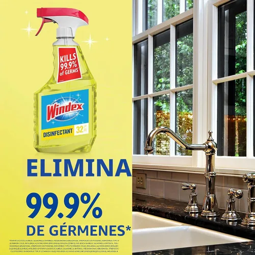 Vista 2 de Windex Refill - Spray desinfectante limpiador multiusos, botella hecha de plástico 100% reciclado, aerosol de limpieza de superficies, aroma cítrico