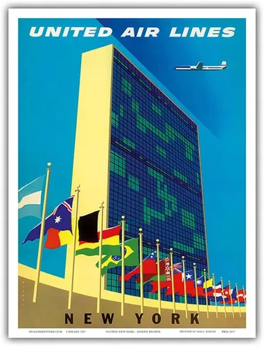 Vista 9 de United Nations Building New York - United Air Lines - Vintage Airline Travel Poster by Joseph Binder c.1957 - Master Art Print (Unframed) 6in x 9in