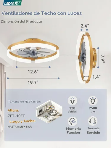 Vista 6 de LEDIARY Ventiladores de techo de bajo perfil de 19.7 pulgadas con luces y control remoto, 6 velocidades, 3 CCT, reversible, regulable, ventilador