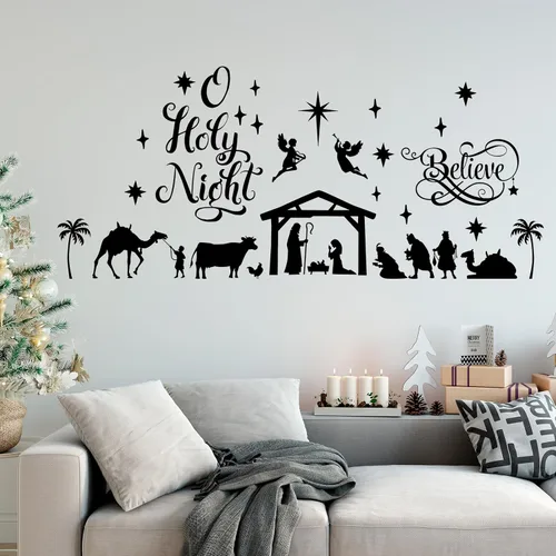 Vista 3 de Chinco Calcomanías grandes de decoración de pared con belén de Navidad, calcomanías de vinilo para pared, decoración de Navidad, murales religiosos