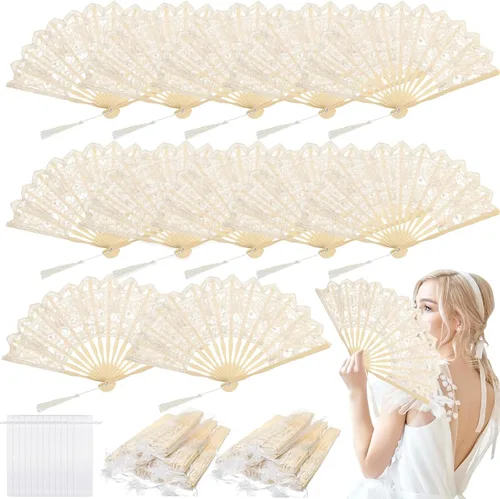 Vista 9 de Beeveer - 6 abanicos de mano plegables de encaje para boda, algodón bordado, color beige Bamboo Staves Silk Tassels, Vintage Retro, Handheld