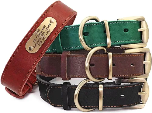 Vista 6 de Didog Collares de perro de cuero genuino con placa de identificación grabada, collar de perro de cuero suave personalizado con etiqueta de Verde