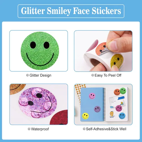 Vista 3 de 500 calcomanías de cara sonriente, calcomanías de cara feliz de 1 pulgada, rollo autoadhesivo holográfico para profesor, para aula, recompensa