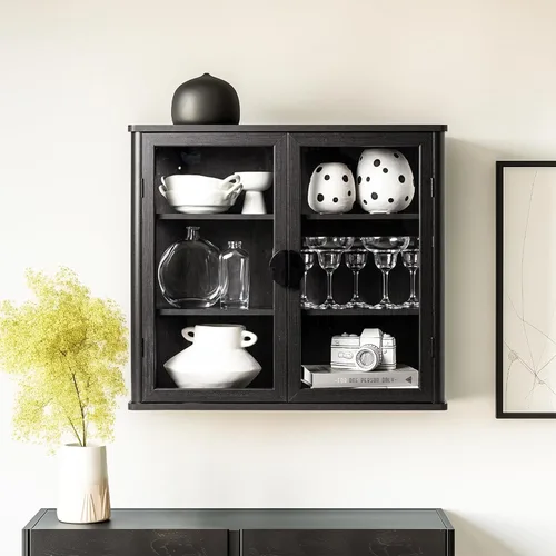 Vista 8 de NEWOWNDS Gabinete de Almacenamiento de Pared con Vitrina de Vidrio Templado Negro, Gabinete de Pared para Baño, Gabinete Montado en la Pared