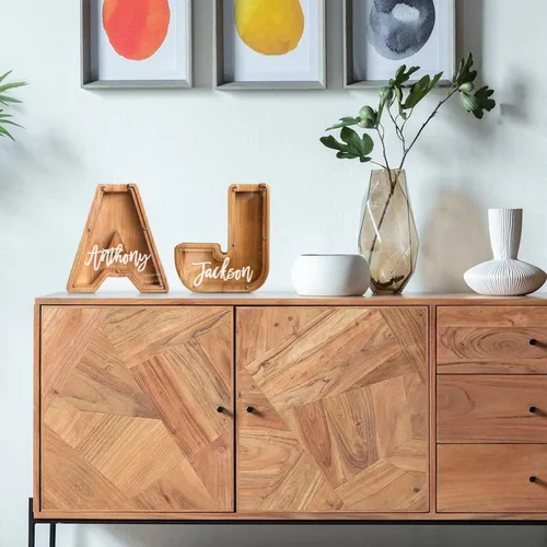 Vista 5 de Alcancía de madera grande personalizada, 7.5 pulgadas, con ventana acrílica fácil de abrir, caja de ahorro de dinero inicial para niños y niñas
