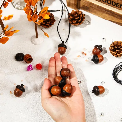 Vista 7 de Sasylvia Dijes de bellota de madera con tuerca y bellota con cordón de collar encerado negro y cierre de pinza de langosta para accesorios