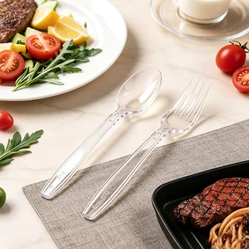 Vista 5 de 100 Count Extra Heavy Duty Clear Plastic Forks and Spoons Set