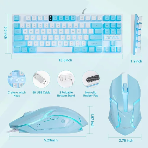 Vista 2 de CHONCHOW Combo de Teclado y Ratón Azul, Teclado TKL USB con 87 Teclas, Luz LED Retroiluminada, 800-3200 DPI Ratón RGB, Combo de Teclado y Ratón Azul