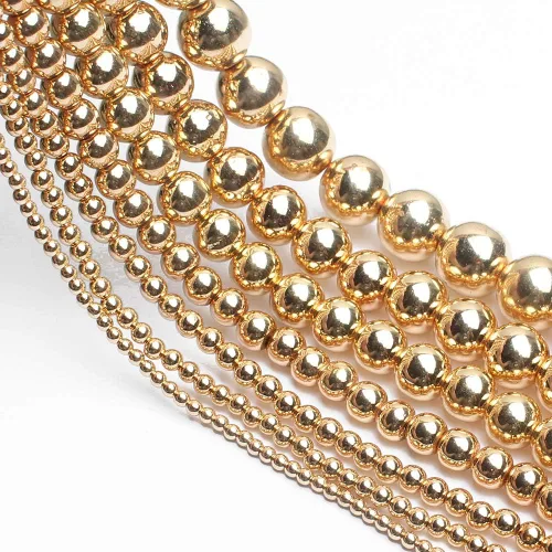 Vista 5 de Cuentas de hematita de oro de 14K, cuentas sueltas redondas para hacer joyas, pulseras y collares de bricolaje, cuentas de 6 mm/60 piezas