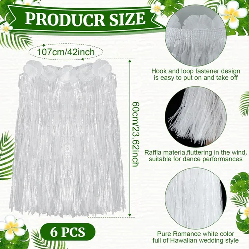 Vista 2 de 6 faldas hawaianas de hierba de Luau Hula de 24 pulgadas, vestido de Luau hawaiano blanco para boda, vestido hawaiano Luau elástico con flores