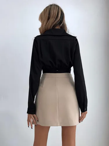 Vista 2 de SOLY HUX Minifalda de lana de cintura alta para mujer con botones en la parte delantera