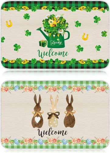 Vista 7 de Moucuny 3 piezas de gnomo del día de San Patricio, felpudo de bienvenida de Pascua, tréboles irlandeses, tapete decorativo de entrada de 27.6 x 15.7
