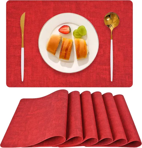 Vista 9 de Juego de 6 manteles individuales de piel sintética (beige) Heat Resistant Wipeable Washable Place Mats, Waterproof Anti-Slip Dining Table Mats