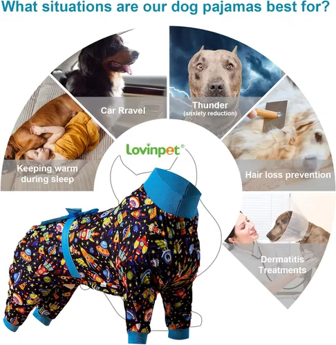 Vista 4 de LovinPet Pijama grande para perros, camisa de recuperación poscirugía, tela elástica, estampado de franela azul marino, antilamer, pijamas fáciles
