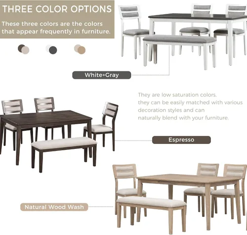 Vista 6 de Juego de mesa de comedor de 6 piezas con 4 sillas tapizadas y banco, mesa de comedor rectangular de madera de estilo tradicional para cocina, sala