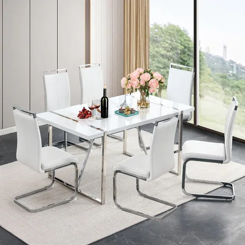 Vista 16 de Juego de mesa de comedor para 4, juego de mesa de cocina moderno con 4 patas de metal tapizadas, juego de mesa de comedor blanco para 4 personas