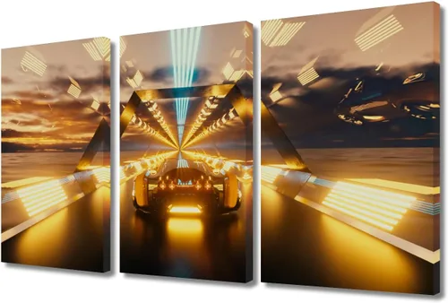 Vista 74 de Arte de pared de 3 piezas de escena de ciencia ficción de la calle comercial futurista paisaje urbano, decoración de pared para dormitorio