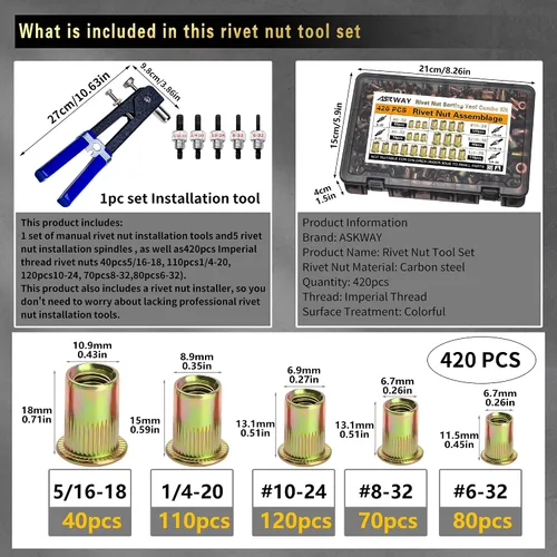 Vista 2 de ASKWAY SAE Pressure Rivet Nut Tool Kit 420pcs, SAE Thread Rivet Nuts Kit SAE Rivet Nut Assortment Kit (5/16-20, 1/4-20, 10-24, 8-32, 6-32) ,Carbon