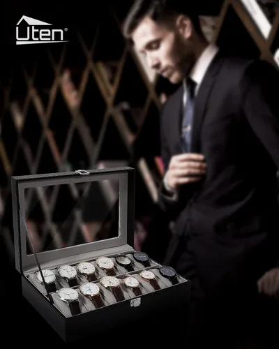 Vista 7 de Uten Caja de reloj, caja de reloj de cuero con 12 ranuras, organizador de caja de reloj, almacenamiento de joyas con tapa de vidrio grande, estuche