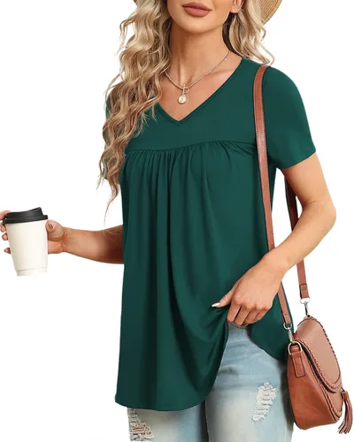 Vista 2 de LAOLASI Blusa de verano para mujer, cuello en V, manga corta, casual, holgada
