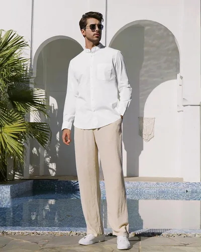 Vista 2 de Alimens & Gentle Camisas de algodón y lino para hombre, camisa de manga larga con botones, cuello de banda, camisas de playa