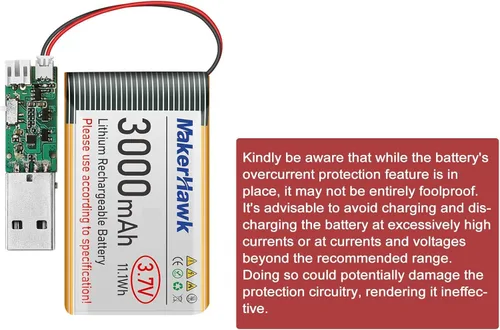 Vista 5 de MakerHawk Batería LiPo de 3.7 V 3000 mAh recargable de polímero de litio 1S con placa de protección con cinta de goma aislada, enchufe micro JST