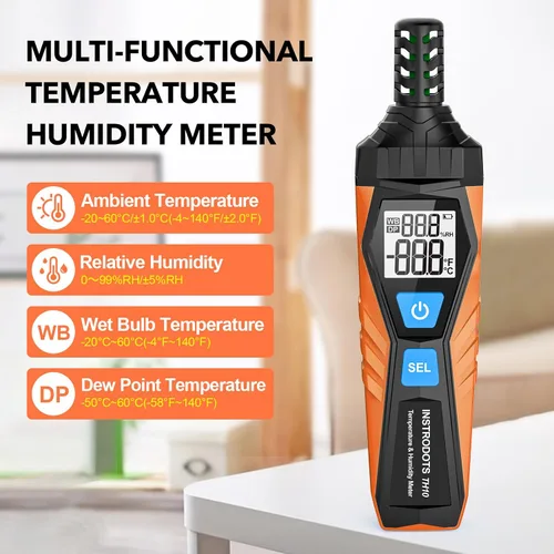 Vista 2 de Medidor de Temperatura y Humedad, Termómetro Higrómetro de Alta Precisión con Ambiente, Punto de Rocío, Termómetro de Bulbo Húmedo, Pantalla Dual