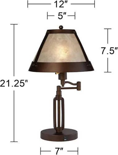 Vista 4 de Samuel 21 1/4" de bronce alto marrón lámpara de escritorio USB mica sombra brazo oscilante Puertos USB rústicos naturales A+C carga sala de estar