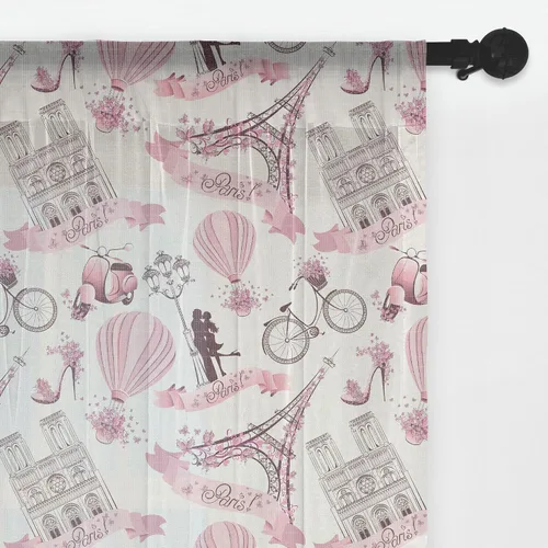 Vista 44 de Ambesonne Cortinas de tul Eiffel con bolsillo para barra, globos retro de corazón de café, remolinos de hito francés, cortina transparente
