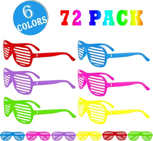 Vista 3 de Paquete de 72 lentes de sol de neón ranurados a granel, estilo retro de los años 80, regalos de fiesta para niños y adultos