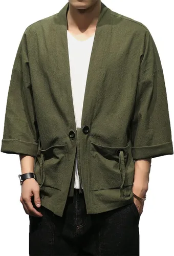 Vista 6 de Chaquetas tipo kimono con bordado de lino y mezcla de algodón para hombre