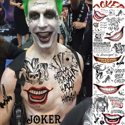 Vista 4 de VANTATY 5 hojas de tatuajes temporales 3D de Halloween Joker para hombres, mujeres y adultos, gótico, estilo de Halloween, impermeable, patrón de A