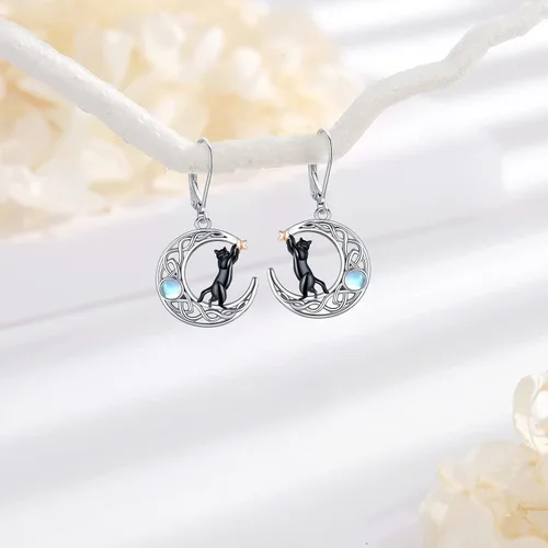 Vista 52 de Aretes colgantes de plata de ley con diseño de árbol de la vida, flor, abeja, animales, gato, colibrí, piedra lunar, turquesa, aretes con cierre