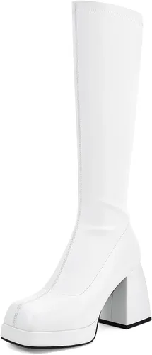 Vista 8 de SOVANYOU Botas de cuero negro Botines de plataforma para mujer Botas de tacón cuadrado con plataforma Botas de tacón grueso con punta cuadrada Botas