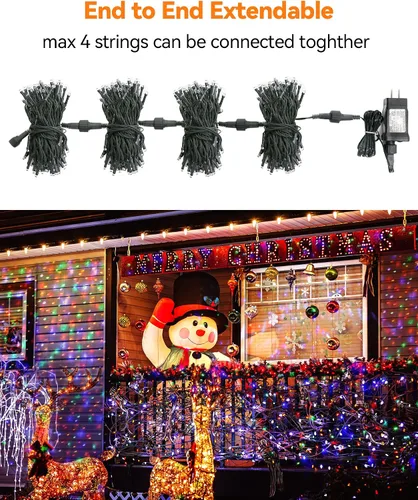 Vista 4 de Blingstar - Luces de Navidad de Cadena de Luces de Color, 33 pies, 100 LED, impermeables, multicolor, luces parpadeantes de 8 modos, 30 V