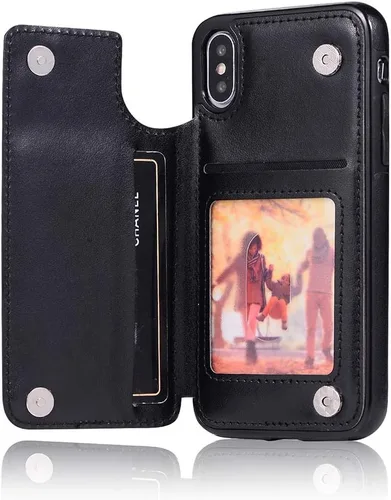 Vista 5 de Funda de teléfono para iPhone Xs X 10 10s con protector de pantalla de vidrio templado, tarjetero con soporte para tarjetero, funda de cuero