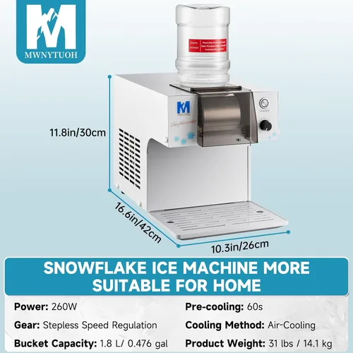 Vista 7 de Máquina de Hielo en Copos de Nieve, Máquina de Hielo Raspado de 260W para Copos de Nieve, Enfriamiento Rápido, Material de Acero Inoxidable de Grado