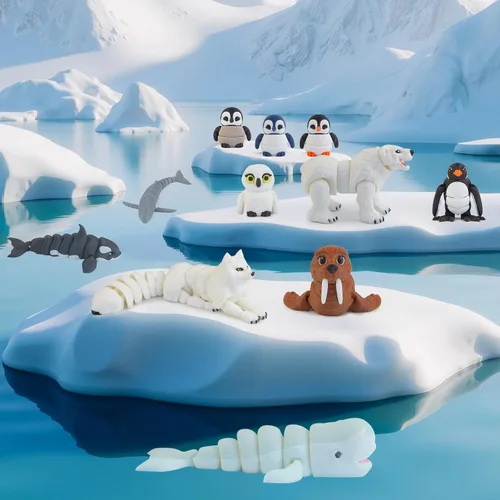 Vista 2 de 14 piezas de figuras de juguetes de animales árticos impresos en 3D, juguetes de baño articulados de animales polares realistas con oso polar