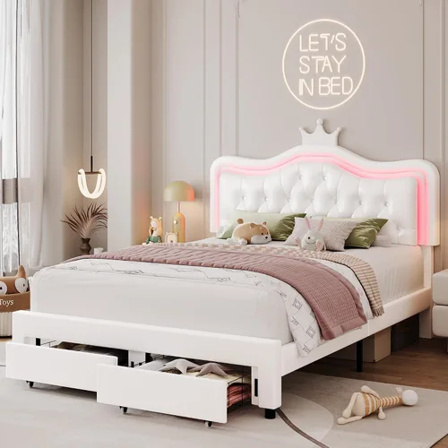 Vista 8 de Marco de Cama LED Tapizada Tamaño Twin con Cajón de Almacenamiento, Cama de Plataforma de Princesa de Cuero con Cabecera de Corona con Botones