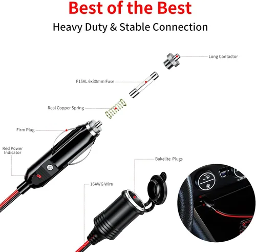 Vista 3 de KEWIG - Cable de extensión para encendedor de cigarrillos de coche de 12/24 V, 4.9 pies, 16 AWG Auto DC Power Plug Connector Heavy Duty Cigarette