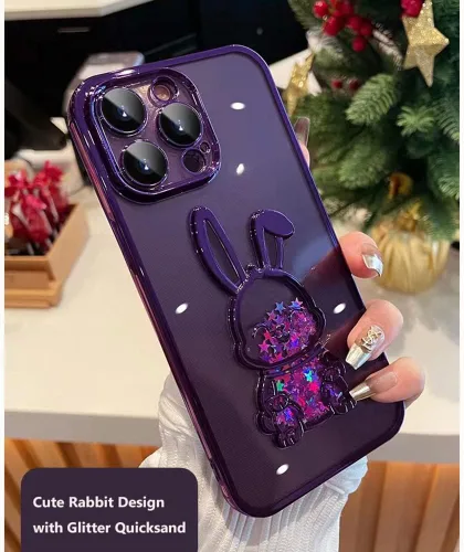 Vista 4 de Funda compatible con iPhone 15 Pro Max con protector de lente de cámara para mujeres y niñas, cubierta de lujo galvanizada con purpurina