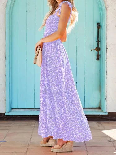 Vista 3 de Vestido largo ZESICA, de verano, con estampado floral y tirantes, sin mangas, cuello cuadrado, con fruncido y volantes, acampanado, para mujer