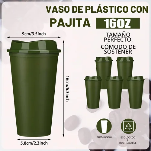 Vista 2 de Domensi - Paquete de 15 tazas de café reutilizables con tapas, 15 unidades Verde militar