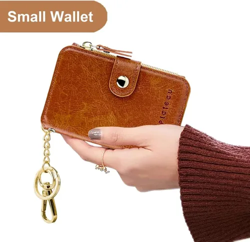 Vista 4 de Cartera con llavero, tarjetero con bloqueo RFID de piel, funda para tarjetas de crédito con cremallera para mujer, Marrón, Multifunción