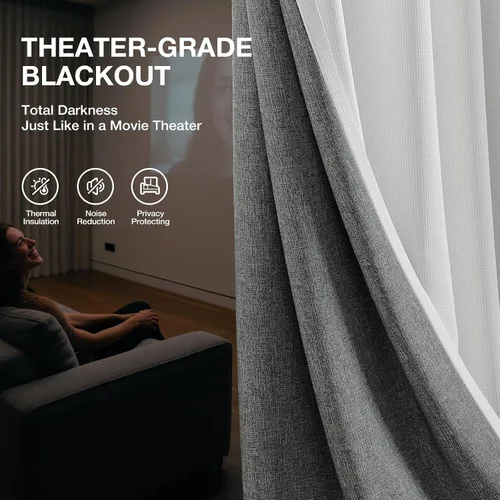 Vista 4 de Rinwoc - Cortinas 100% opacas para dormitorio, con aislamiento térmico, cortinas de 63 pulgadas de largo, juego de 2 paneles, textura de lino